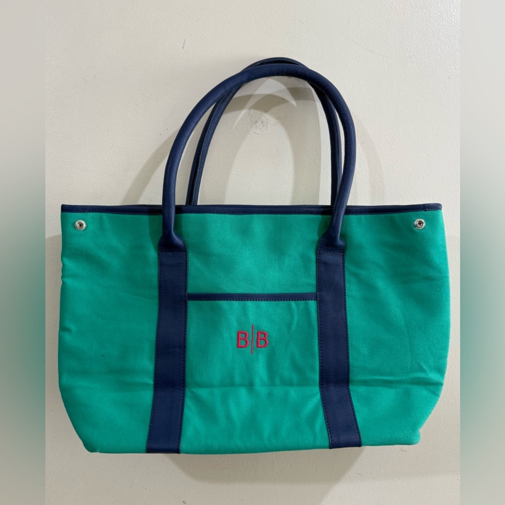 Mark & Graham Teal Canvas Tote with Navy Trim and Red Monogram